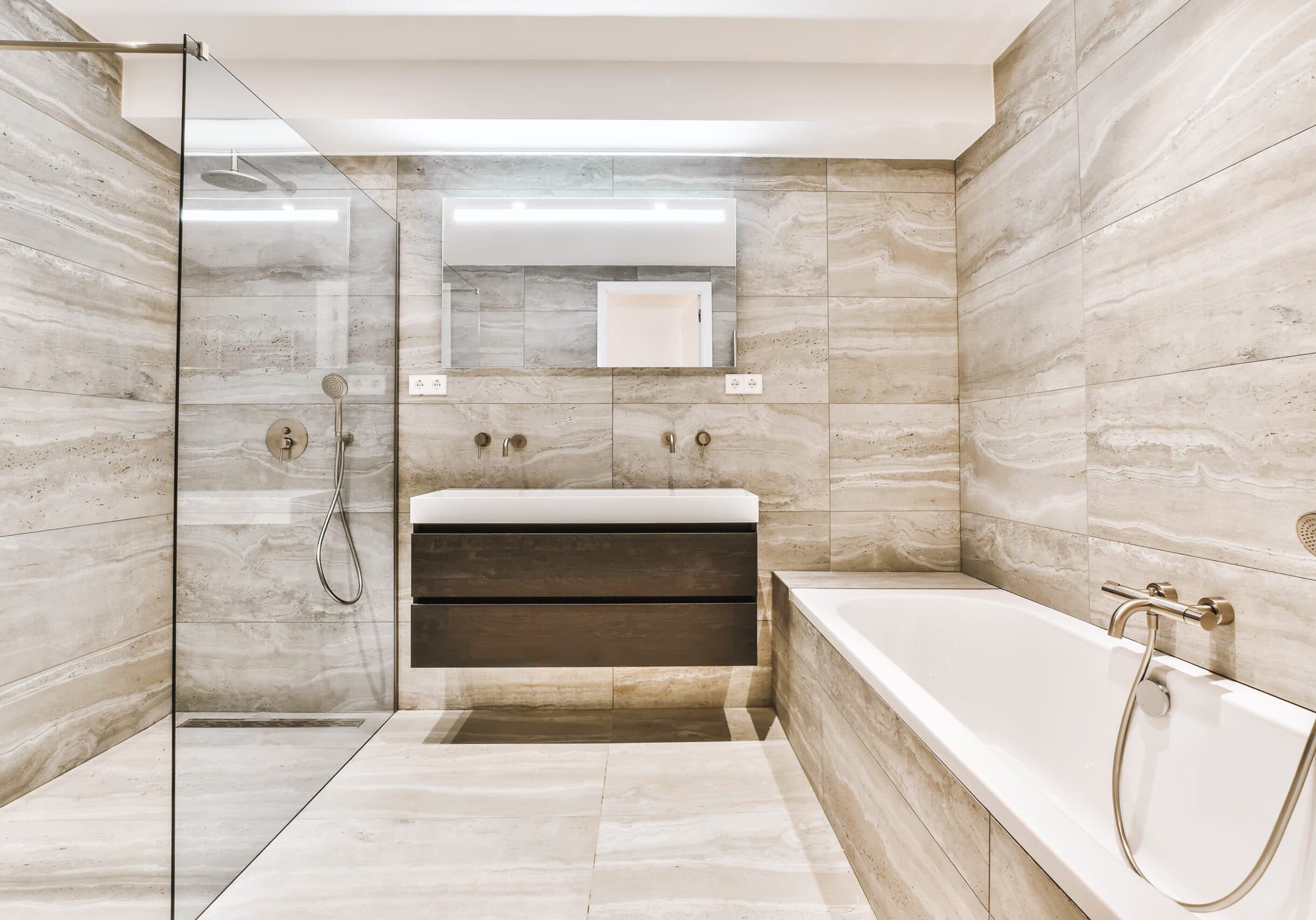 Luxury interior design of a bathroom with marble walls